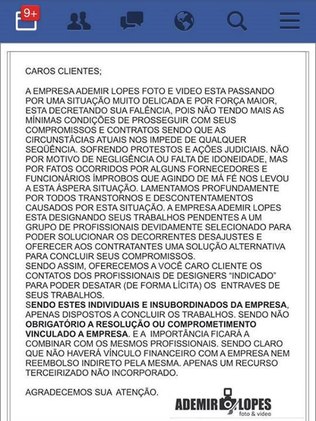 Anúncio de falência que o fotógrafo compartilhou através do Facebook.