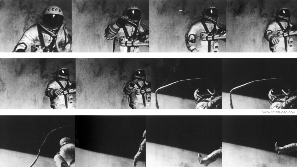 Vários frames da primeira caminhada espacial, realizada pelo cosmonauta russo Alexei Leonov.