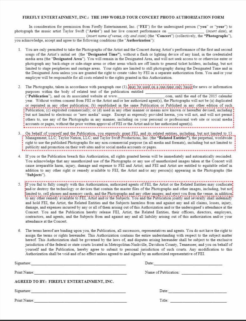 O contrato para fotógrafos da empresa de Swift.