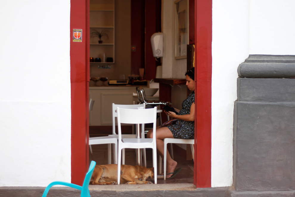 Os cães de rua no Centro Histórico de Paraty convivem tranquilamente com quem estiver por perto. Na foto, a moça estava na sorveteria, mas apesar de parecer o cão não era dela | Foto: Ruca Souza