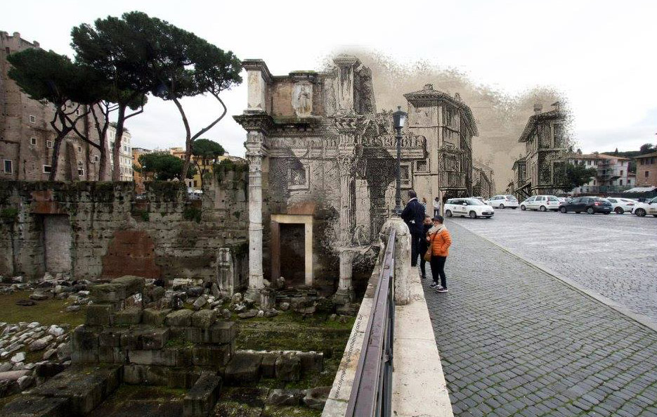 Colagem entre foto de Olympio Augusto Ribeiro e gravura de Giovanni Battista Piranesi 