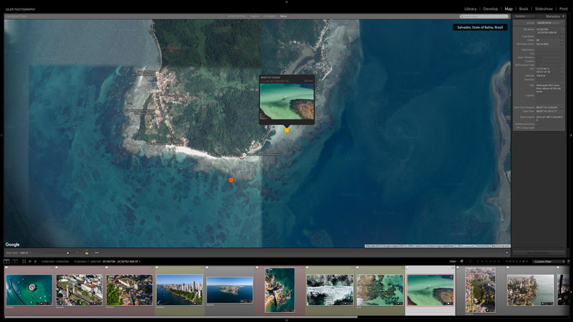 Imagens com coordenadas geográficas sinalizadas no modulo de Mapa do programa Adobe Lightroom graças ao uso do GPS