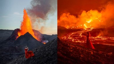 fotógrafa faz série de autorretratos em frente a vulcão em erupção